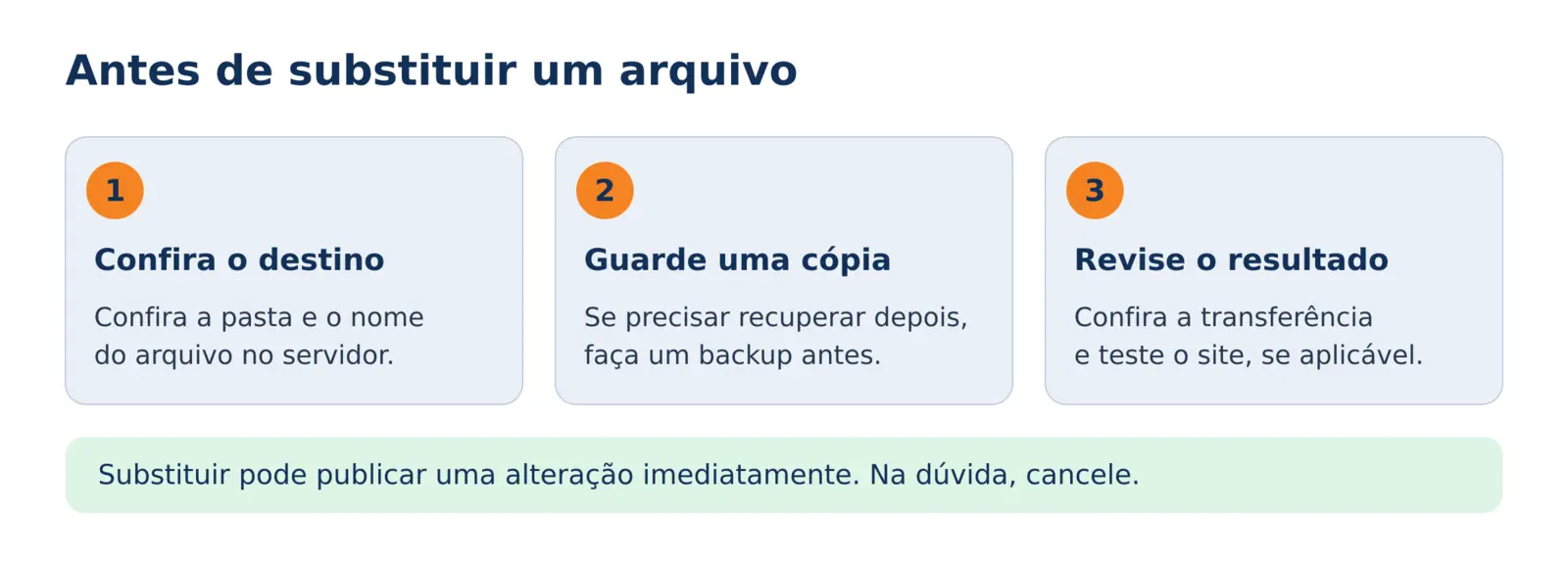 Antes de substituir: confirme o destino, preserve uma cópia e revise o resultado