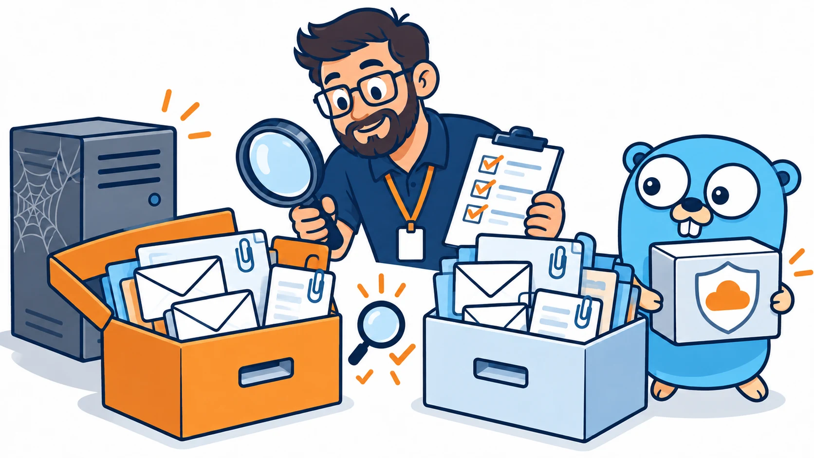 Ilustração cartoon de conferência de mensagens, anexos e backup após a cópia