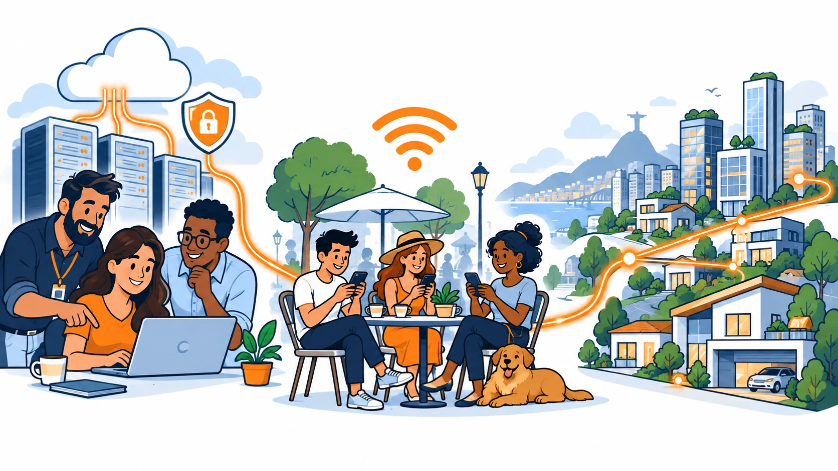 Ilustração cartoon de uma cidade conectada: empresas, nuvem, Wi-Fi e internet em casas e escritórios