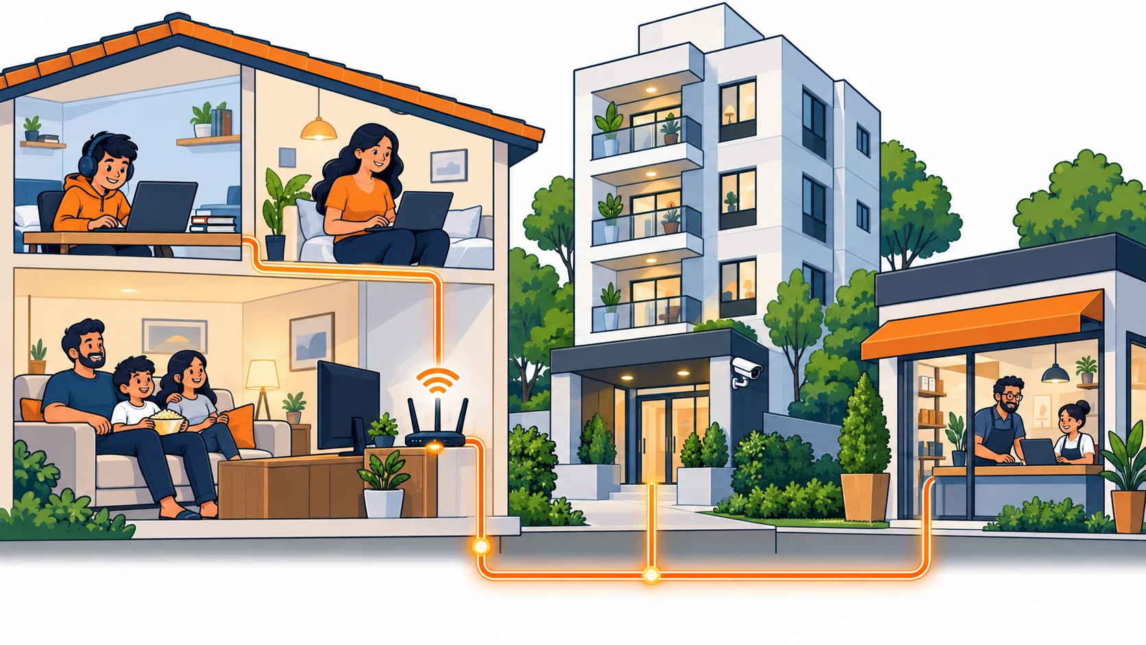 Ilustração cartoon de casa, condomínio e comércio conectados por fibra, com uso de internet e câmera na entrada