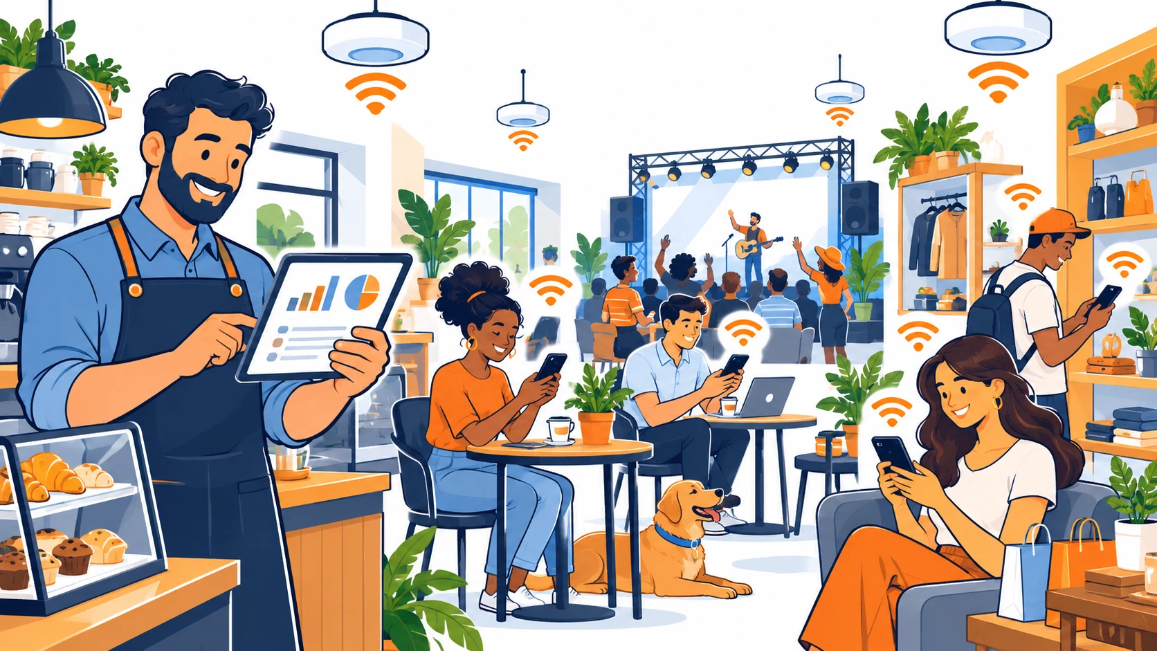 Ilustração cartoon de visitantes conectados ao Wi-Fi em café, loja e ambiente de eventos